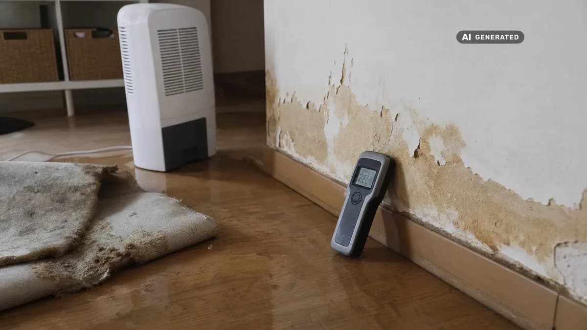 KI-generiertes Bild: Fachkraft prüft nach einem Wasserschaden mit einem Feuchtemessgerät eine Wohnzimmerwand, vorne ein nasser Teppich und ein Trocknungsgerät