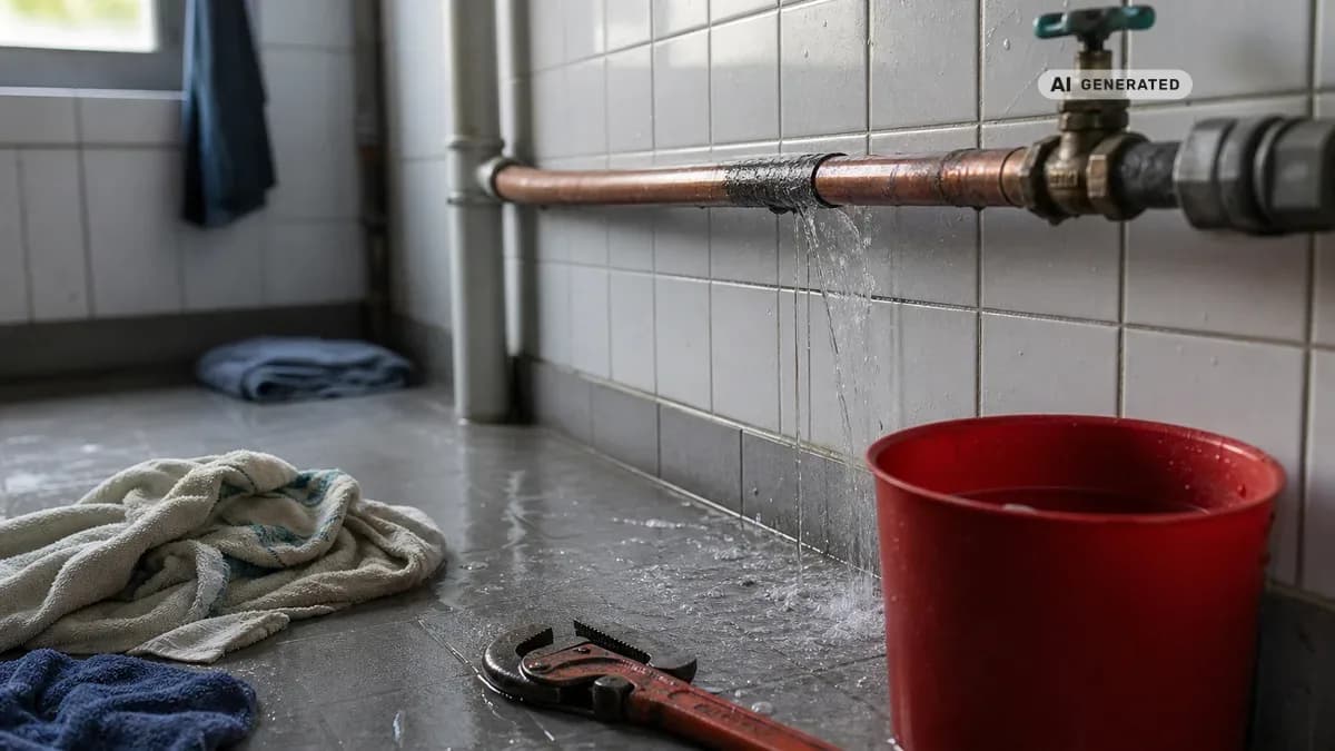 KI-generiertes Bild: Wasser tritt aus einem geplatzten Rohr an einer Hauswand aus und läuft auf den Boden, daneben Werkzeug und ein Eimer für die Soforthilfe