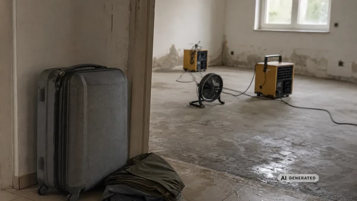KI-generiertes Bild: Leergeräumtes Wohnzimmer mit laufenden Trocknungsgeräten nach einem Wasserschaden, im Flur wartet ein gepackter Koffer für die Übergangsunterkunft
