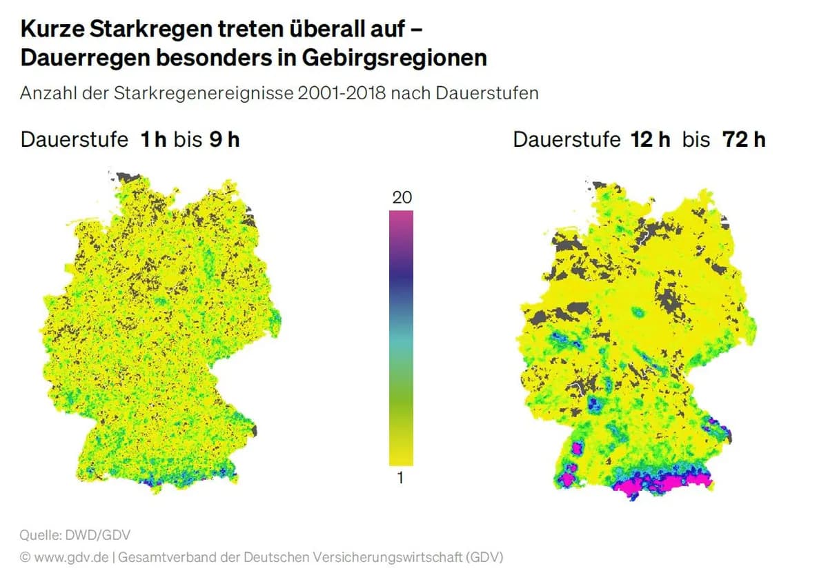 Karte von Deutschland: Kurze Starkregen in allen Regionen, häufigster Anlass für eine Wasserschadensanierung. Quelle: GDV Naturgefahrenreport 2025